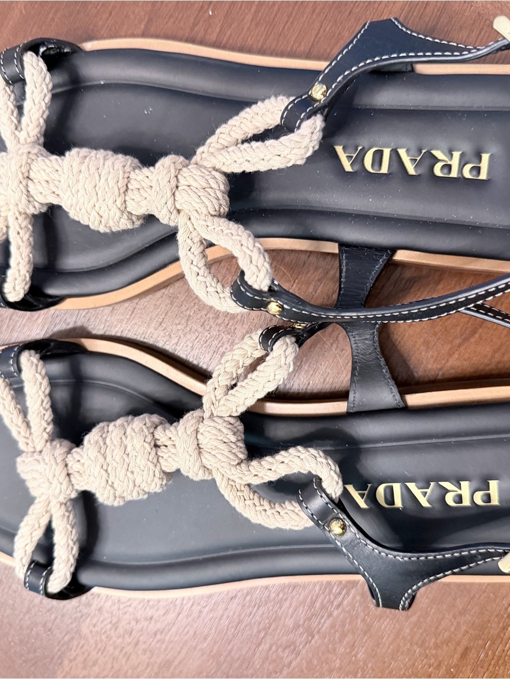 Prada Black Leather Sandals with Beige Rope Knot Detail size 41- worn only once